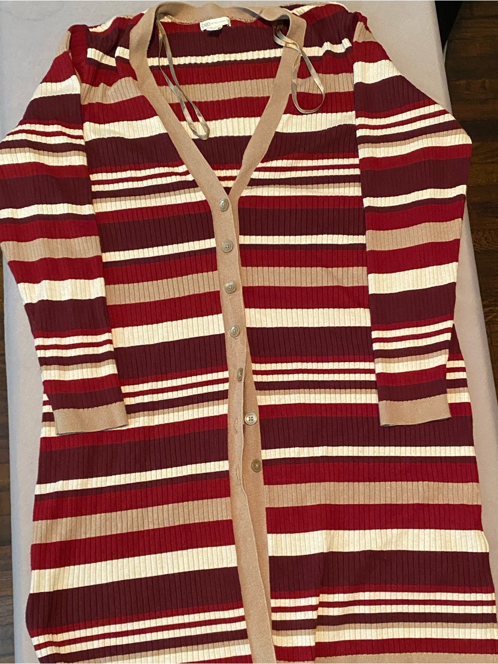 Cato Striped Longline Cardigan in Burgundy, Cream & Tan